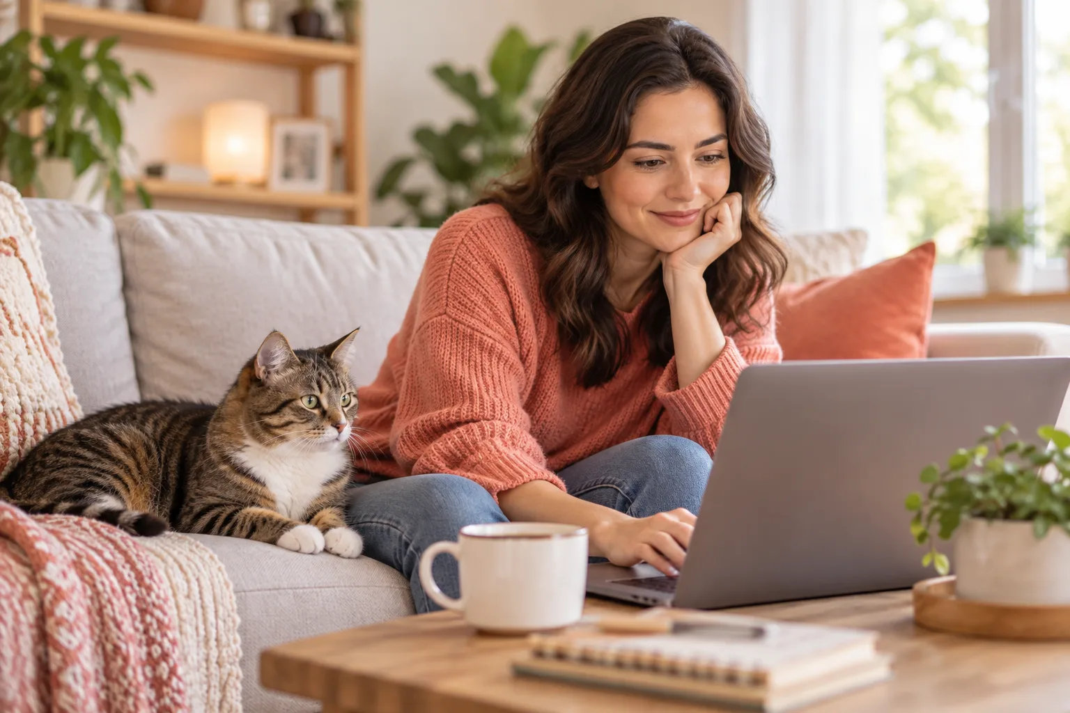 Owner using a laptop on a sofa beside a tabby cat